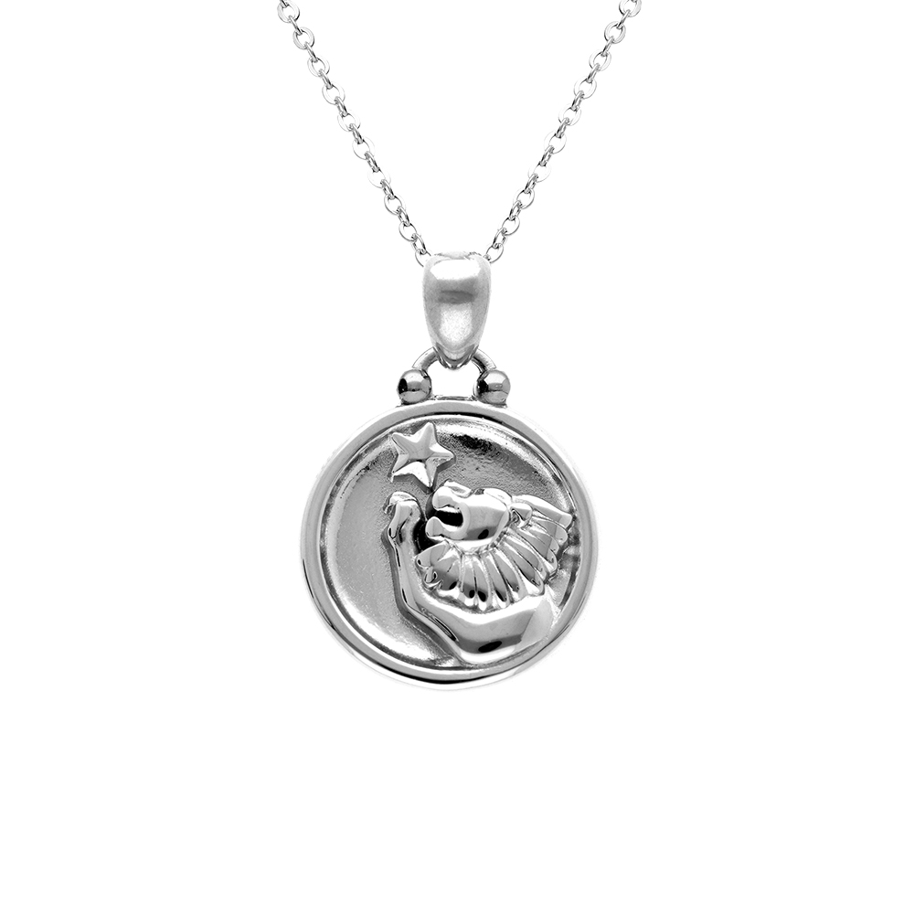 Collier en acier avec m�daille 15mm zodiaque lion recto verso constellation,  40+10cm - Vue 1