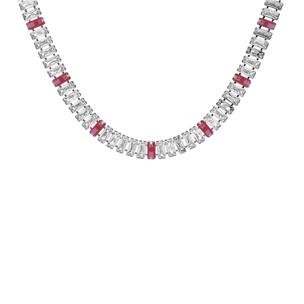 Collier en acier avec oxydes blancs et roses sertis double fermoir 44cm rglable 40cm - Vue 1