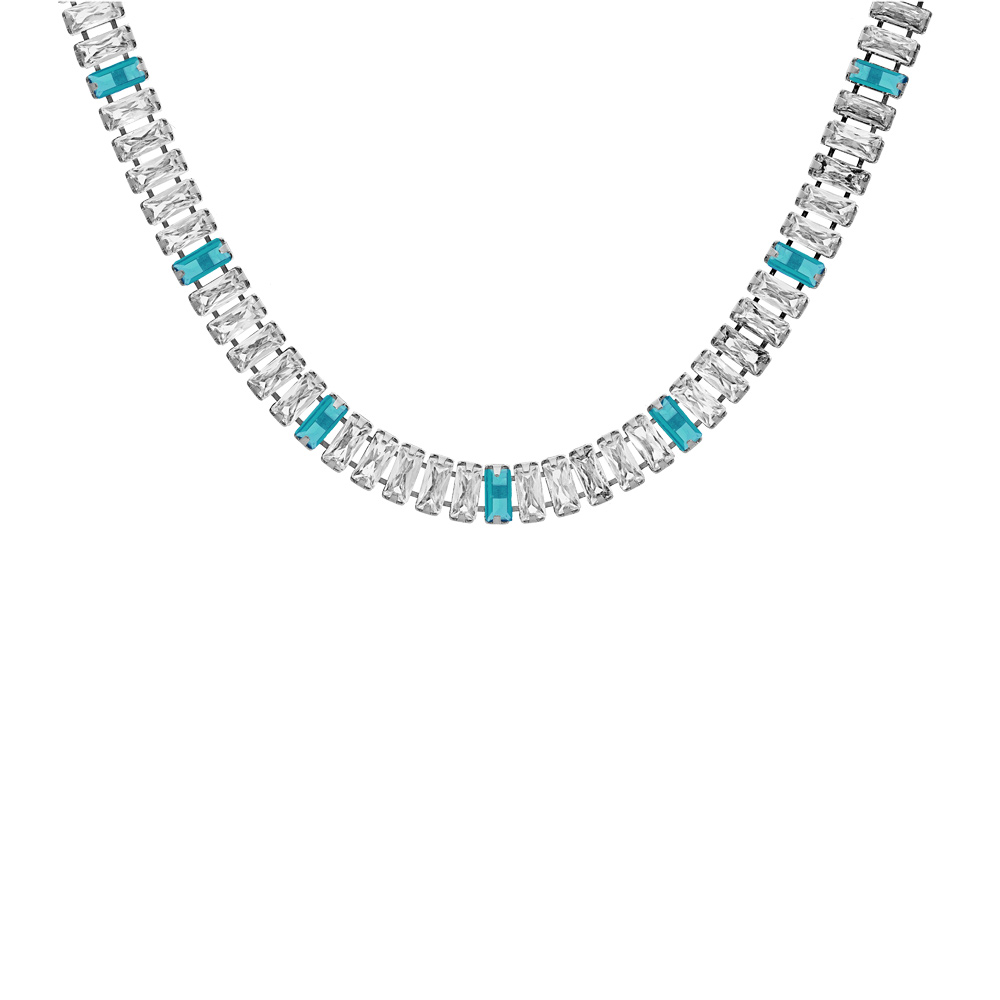 Collier en acier avec oxydes blancs et Topaze bleu sertis double fermoir 44cm r�glable 40cm - Vue 1