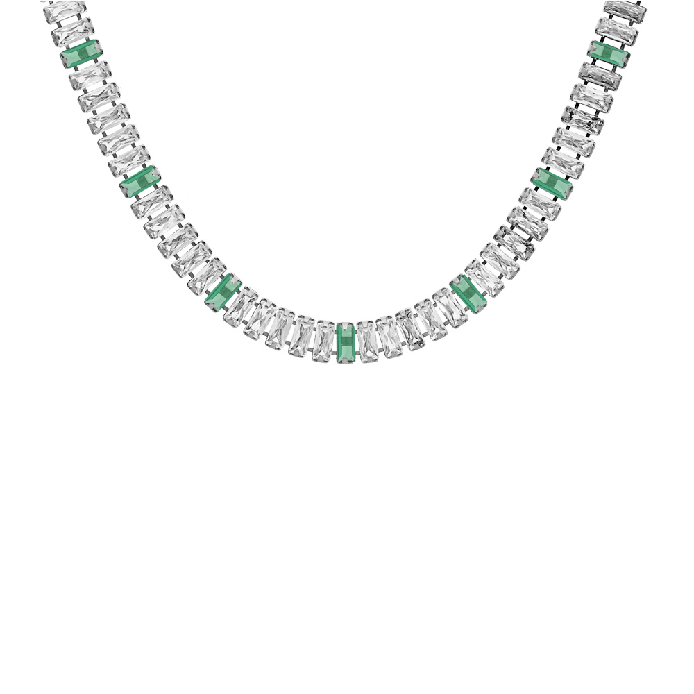 Collier en acier avec oxydes blancs et verts sertis double fermoir 44cm r�glable 40cm - Vue 1