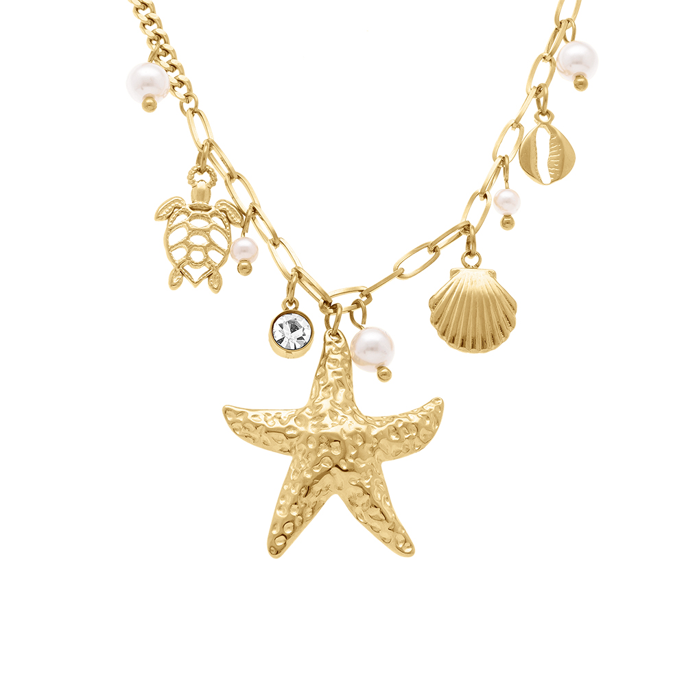 Collier en acier avec pampilles theme mer et perles blanches imitation - 43+5cm - Vue 1