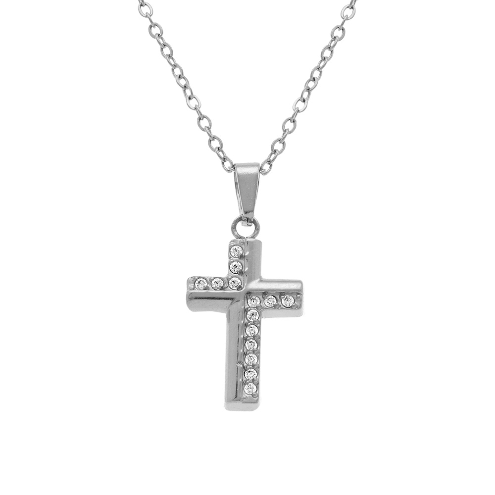 Collier en acier avec pendentif croix (15 x 10mm) et oxydes blancs sertis 42+5cm - Vue 1