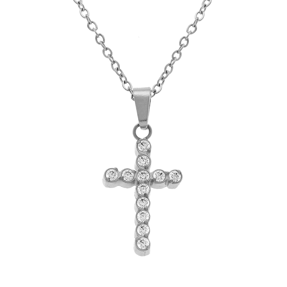 Collier en acier avec pendentif croix (15 x 10mm) et  oxydes blancs sertis clos, 42+5cm - Vue 1