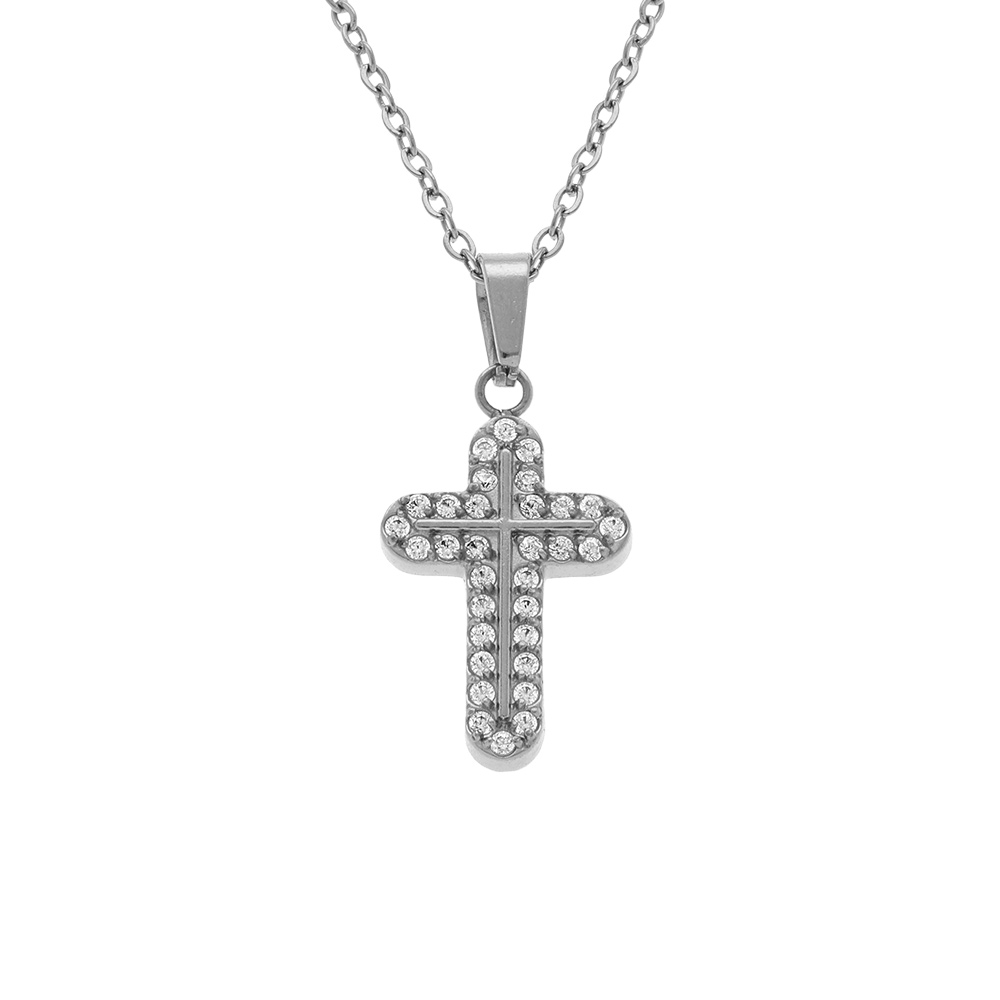 Collier en acier avec pendentif croix (15 x 10mm) orn�e d\'oxydes blancs sertis 42+5cm - Vue 1