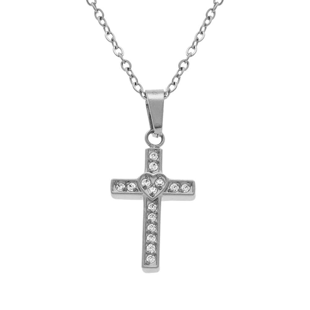 Collier en acier avec pendentif croix droite (15 x 10mm) avec coeur d\'oxydes blancs sertis, 42+5cm - Vue 1