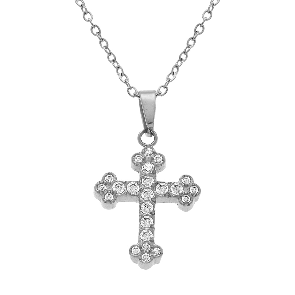 Collier en acier avec pendentif croix stylis� (15 x 12mm)orn�e d\' oxydes blancs sertis  42+5cm - Vue 1