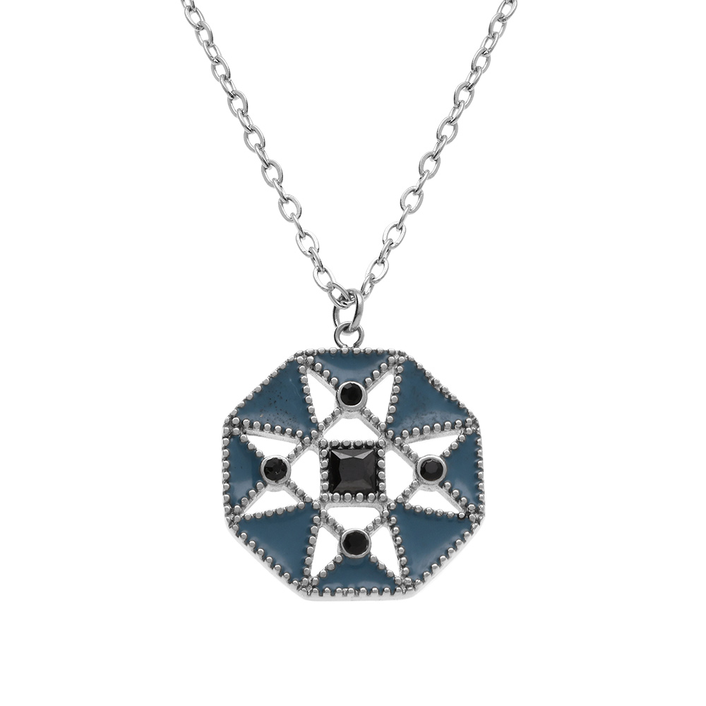 Collier en acier avec pendentif r�sine bleue et oxydes blancs 40+5cm - Vue 1