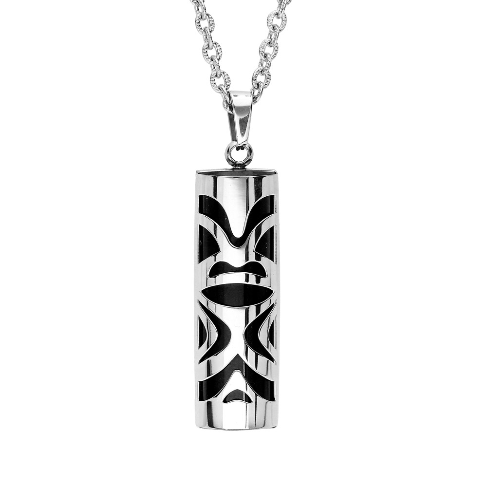 Collier en acier avec Pendentif Tiki force 30 mm diam�tre 9 - agate noire v�ritable - 50+5cm - Vue 1