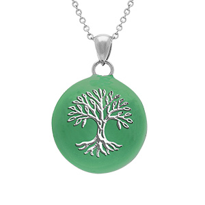 Collier en acier bola de grossesse rond 21mm arbre de vie r�sine verte  - 90+20cm