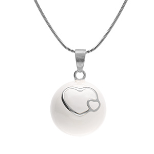 Collier en acier bola de grossesse rond 21mm r�sine blanche et coeurs  -90+20cm