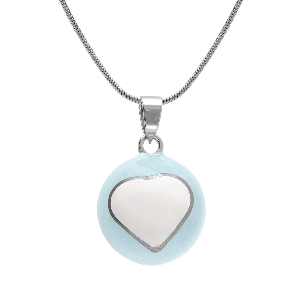 Collier en acier bola de grossesse rond 21mm r�sine bleu ciel et coeur blanc - 90+20cm - Vue 1