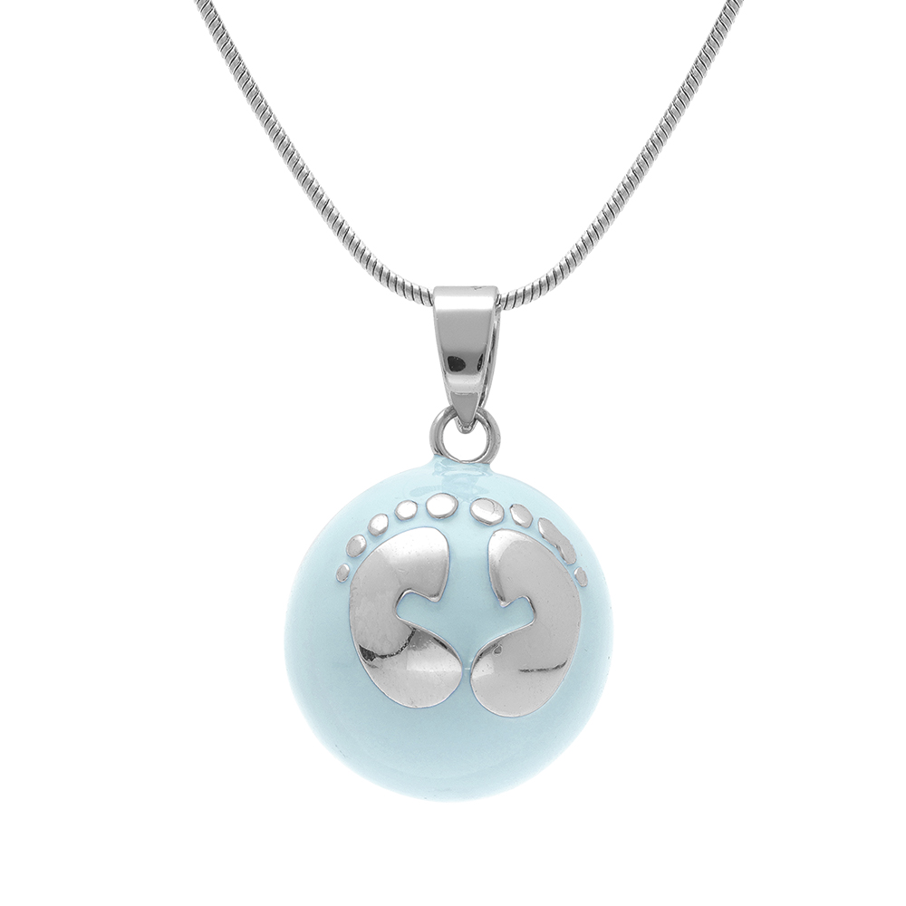 Collier en acier bola de grossesse rond 21mm r�sine bleu ciel et motif pied - 90+20cm - Vue 1
