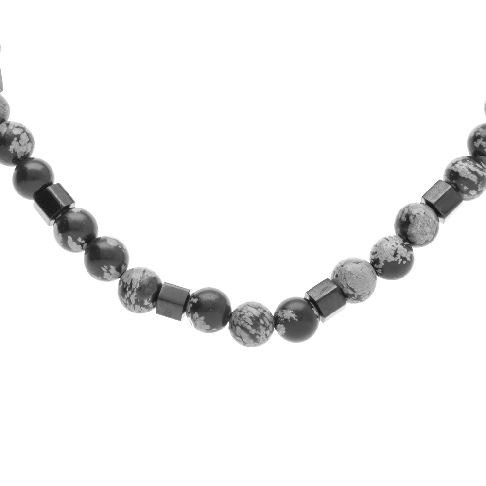 Collier en acier boules 6mm obsidienne neige  - 45+10cm - Vue 1