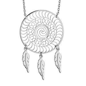 Collier en acier chaîne avec attrape rêve en forme de spirale et 3 plumes suspendues - longueur 50cm + 10cm de rallonge - Vue 1