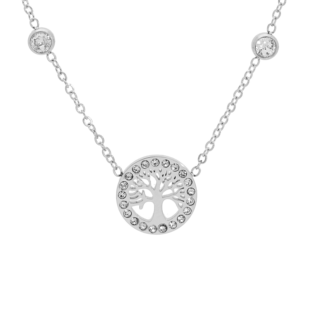 Collier en acier cha�ne avec infini, arbre de vie et oxydes blancs sertis 41+5cm - Vue 1