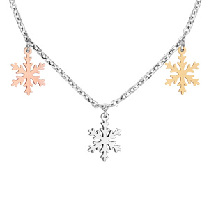 Collier en acier chaîne avec 3 pampilles flocons de neige, 1 rose, 1 gris et 1 jaune - longueur 42cm + 4cm de rallonge - Vue 1