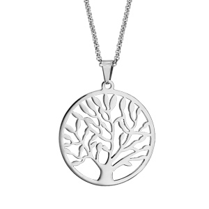 Collier en acier chane avec pendentif arbre de vie dcoup dans un rond - longueur 42cm + 4cm de rallonge - Vue 1