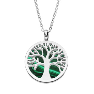 Collier en acier chane avec pendentif arbre de vie dcoup sur fond Malachite vritable 38+7cm - Vue 1