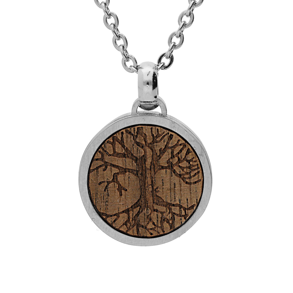 Collier en acier cha�ne avec pendentif centre bois motif arbre de vie 50+5cm - Vue 1