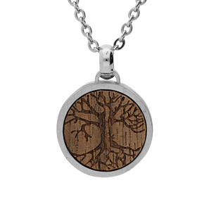 Collier en acier chane avec pendentif centre bois motif arbre de vie 50+5cm - Vue 1