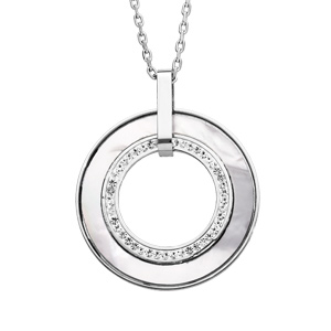 Collier en acier chane avec pendentif cercle effet nacre blanche et strass blancs 42+3cm - Vue 1