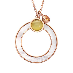 Collier en acier chaîne avec pendentif cercle effet nacre blanche imitation et pierres effet oeil de chat 42+3cm - Vue 1