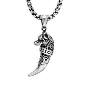 Collier en acier chane avec pendentif corne et tte de loup vieillie 55cm - Vue 1