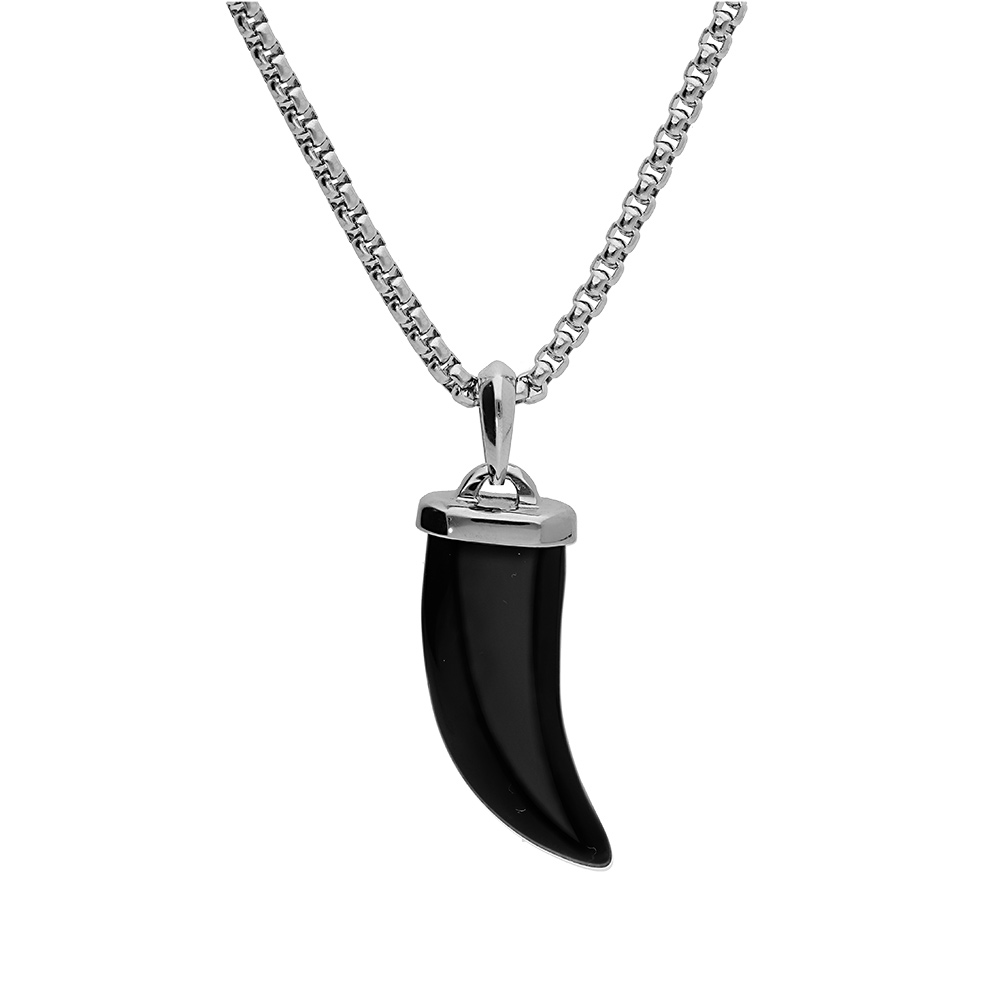 Collier en acier cha�ne avec pendentif corne Onyx v�ritable 55+5cm - Vue 1