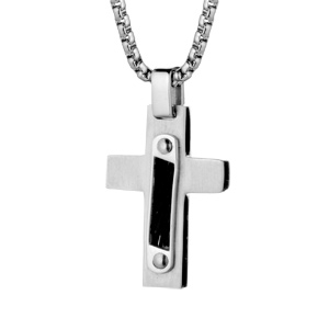 Collier en acier chane avec pendentif croix cbles noirs longueur 54cm - Vue 1
