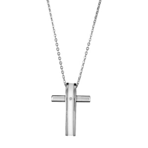 Collier en acier chaîne avec pendentif croix chrétienne avec bande en résine blanche et oxyde blanc au milieu - longueur 50cm + 5cm - Vue 1