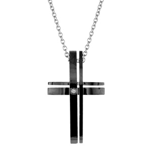 Collier en acier chane avec pendentif croix chrtienne en bandes de rsine noire - longueur 51cm - Vue 1