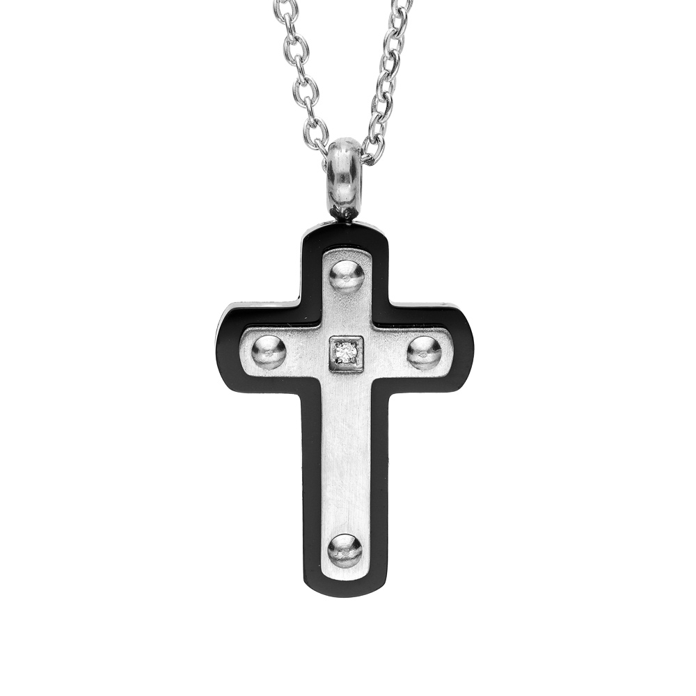 Collier en acier cha�ne avec pendentif croix contour PVD 46+5cm - Vue 1