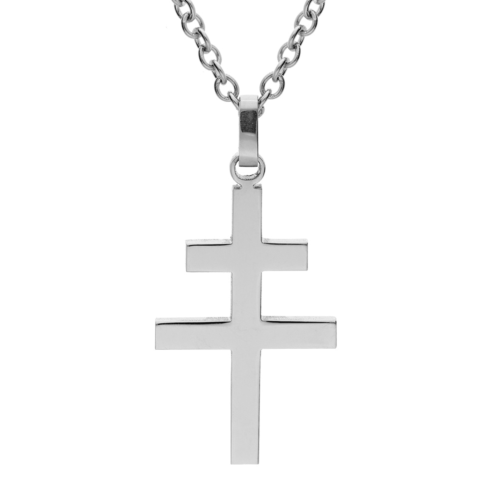 Collier en acier cha�ne avec pendentif croix de Lorraine satin�e 30mmx19mm - 50+5cm - Vue 1