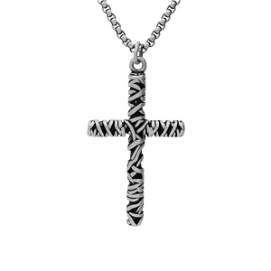 Collier en acier chane avec pendentif croix en fil entremls 50+5cm - Vue 1