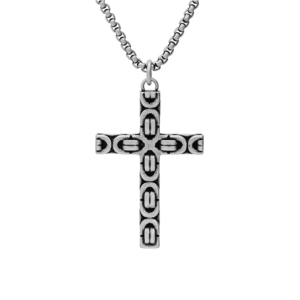 Collier en acier chane avec pendentif croix en maille mecanique 50+5cm - Vue 1