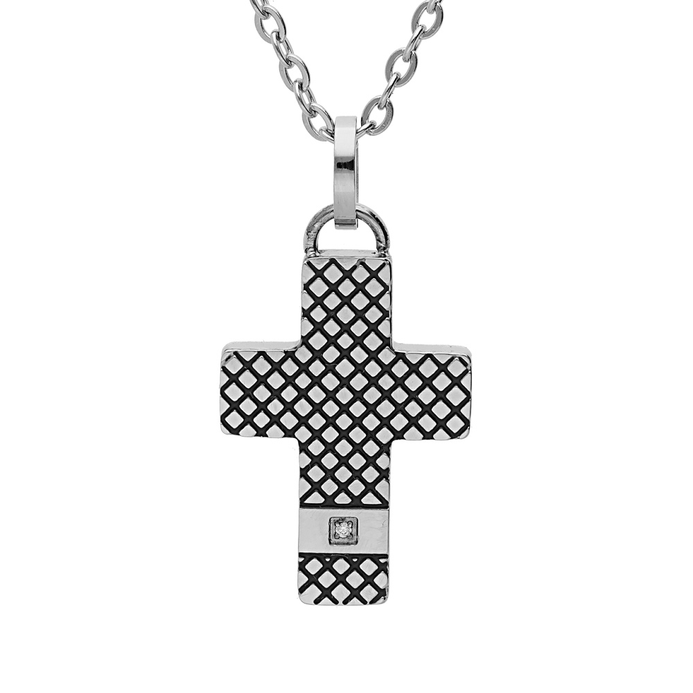 Collier en acier cha�ne avec pendentif croix et oxyde 50+5cm - Vue 1