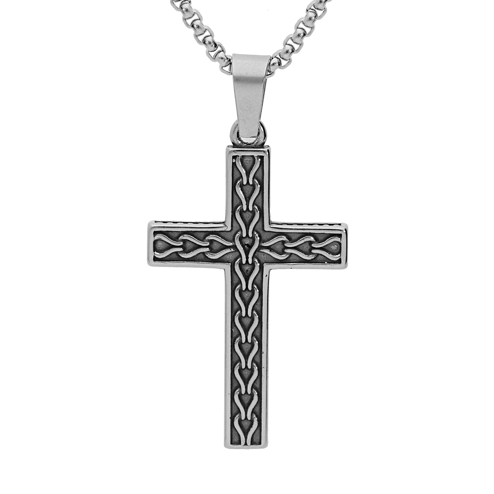 Collier en acier cha�ne avec pendentif croix � motif sur le recto verso 50+5cm - Vue 1