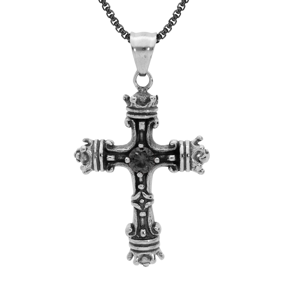 Collier en acier cha�ne avec pendentif croix patin� oxyde noir serti 55+10cm - Vue 1