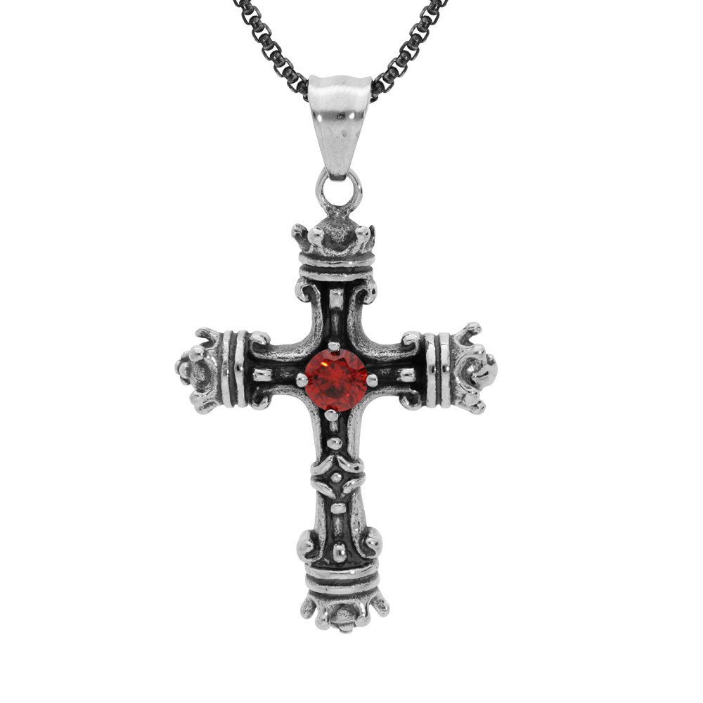 Collier en acier cha�ne avec pendentif croix patin� oxyde rouge serti 55+10cm - Vue 1