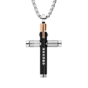 Collier en acier chane avec pendentif croix PVD noir et oxydes blancs 50+5cm - Vue 1