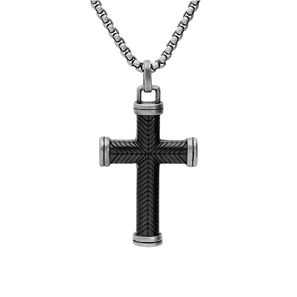 Collier en acier cha�ne avec pendentif croix striee en PVD noir 50+5cm - Vue 1