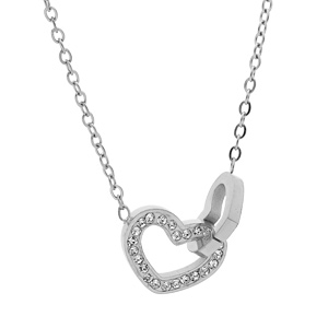 Collier en acier chane avec pendentif double coeur oxydes blancs sertis 39+5cm - Vue 1