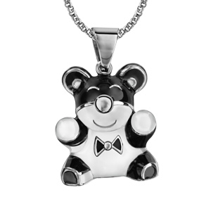Collier en acier chaîne avec pendentif en émail noir et blanc panda avec noeud papillon - longueur 50cm + 10cm de rallonge - Vue 1