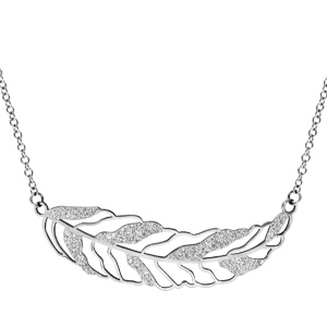 Collier en acier chaîne avec pendentif grande plume avec parties granitées - longueur 40cm + 5cm de rallonge - Vue 1