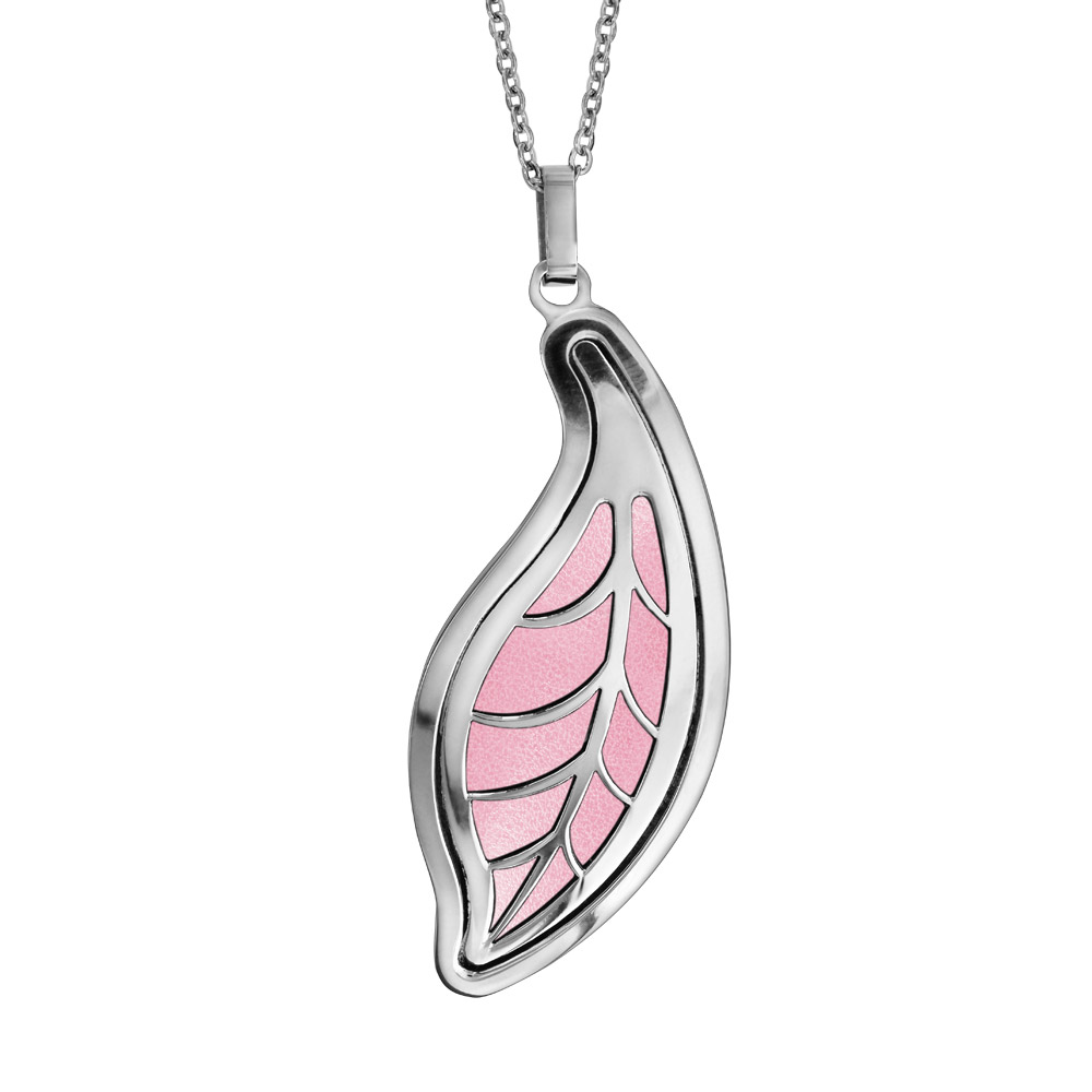Collier en acier cha�ne avec pendentif motif feuille rose 45cm + 10cm - Vue 1