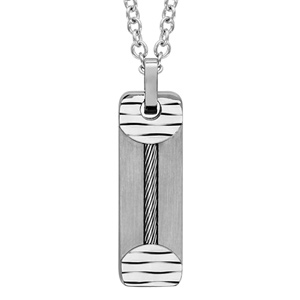 Collier en acier chane avec pendentif rectangle agrment d\'1 cble au milieu et d\'1 rondelle orne de vagues  chaque extrmit - longueur 50cm + 5cm de rallonge - Vue 1