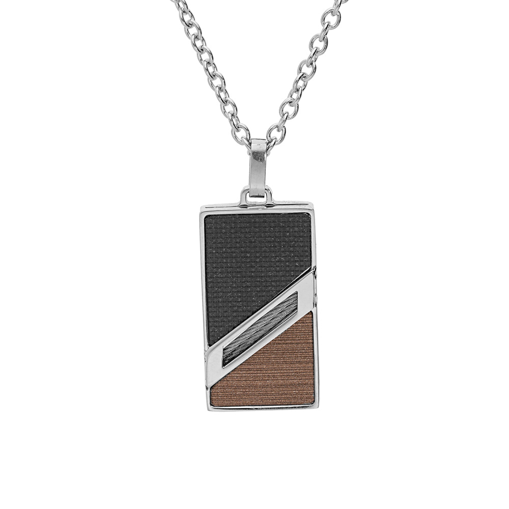 Collier en acier cha�ne avec pendentif rectangulaire aspect bois et bande en biais avec c�ble 50+5cm - Vue 1