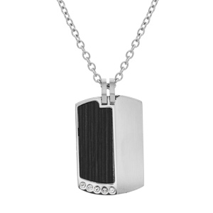 Collier en acier chane avec pendentif rectangulaire aspect bois noir et oxydes blancs sertis 50+5cm - Vue 1