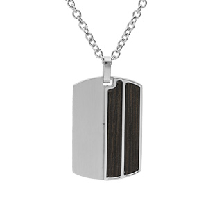 Collier en acier chane avec pendentif rectangulaire 2 bandes aspect bois 50+5cm - Vue 1