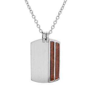 Collier en acier chane avec pendentif rectangulaire 2 bandes aspect bois marron avec double blire  50+5cm - Vue 1